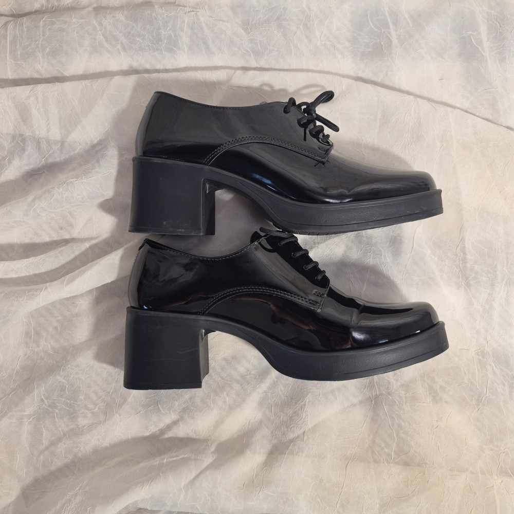 Refill New York Women's Black Patent Chunky Block Heel Platform Oxford Shoes